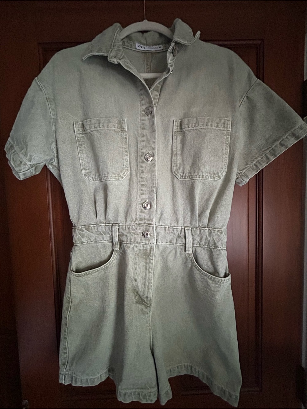 Zara Sage Short-Sleeve Denim Romper
